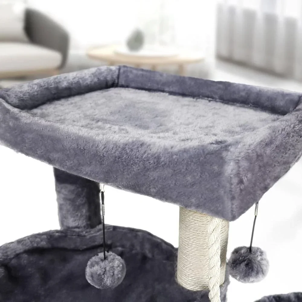 Three Layer Cat Tree with Cat Condo and Two Hammocks, Grey